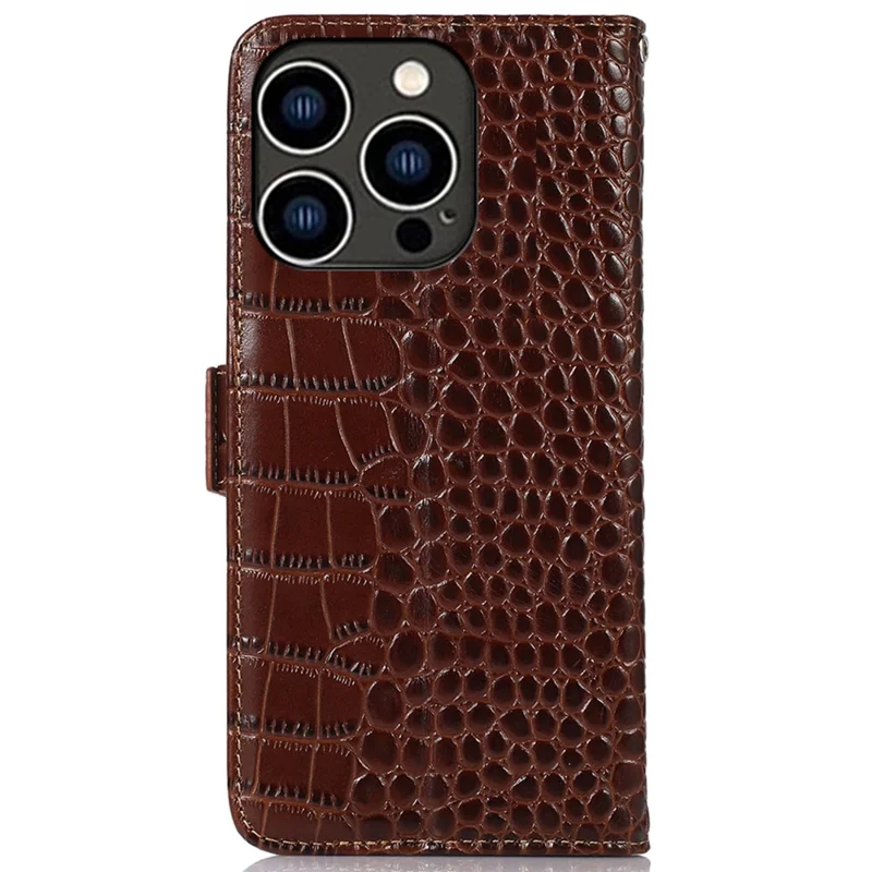 For iPhone 16 Pro Max RFID Blocking Case Genuine Cow Leather Wallet Phone Cover with Stand - Brown