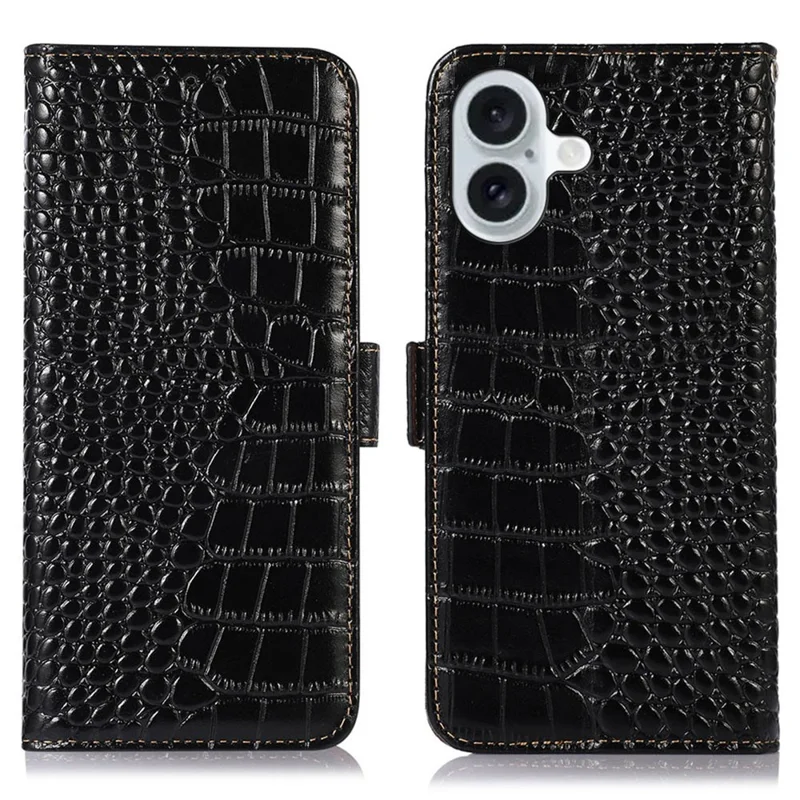 For iPhone 16 Plus Wallet Case RFID Blocking Genuine Cow Leather Phone Cover - Black