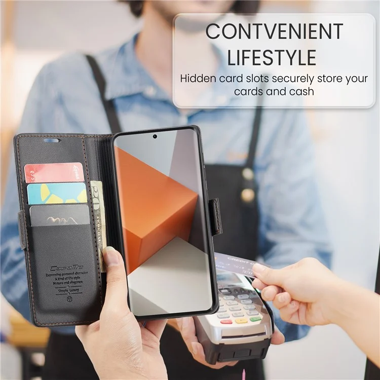 CASEME 023 Series для Xiaomi Redmi Note 13 Pro+ 5G Кожаный чехол Глянцевый чехол для телефона с блокировкой RFID - Черный