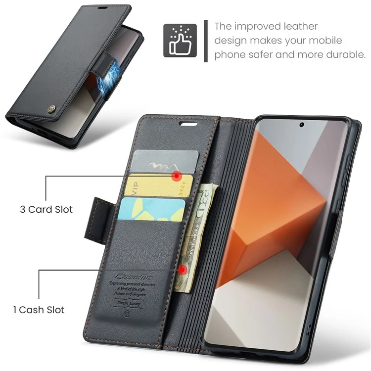 CASEME 023 Series для Xiaomi Redmi Note 13 Pro+ 5G Кожаный чехол Глянцевый чехол для телефона с блокировкой RFID - Черный