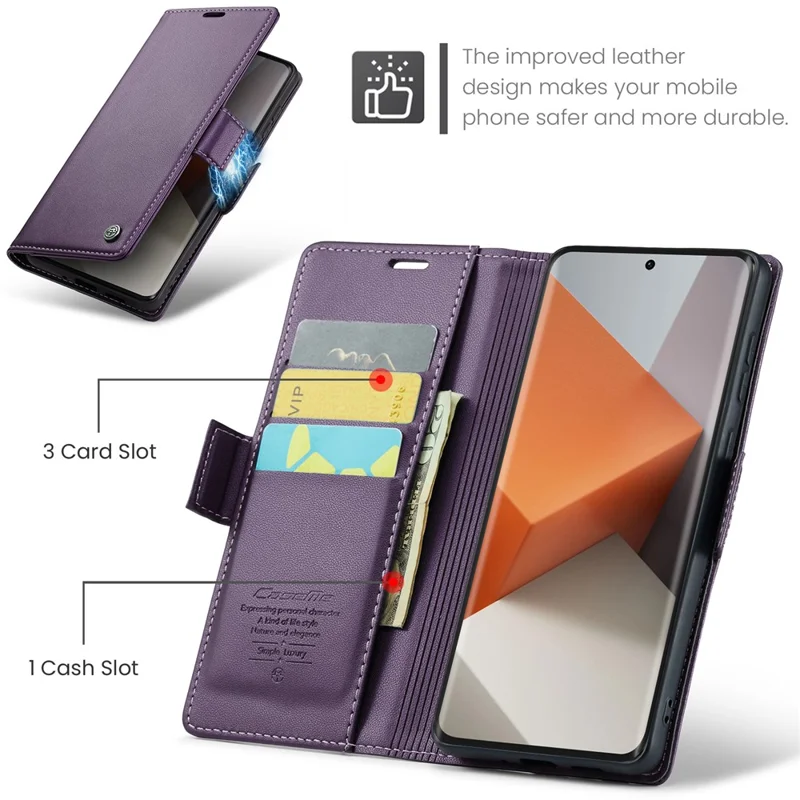 CASEME 023 Series For Xiaomi Redmi Note 13 Pro+ 5G Leather Case Glossy Phone Cover RFID Blocking - Purple