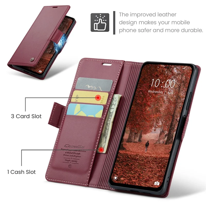 CASEME 023 Series For Xiaomi Redmi Note 13 5G Stand Case RFID Blocking Glossy Phone Cover - Red