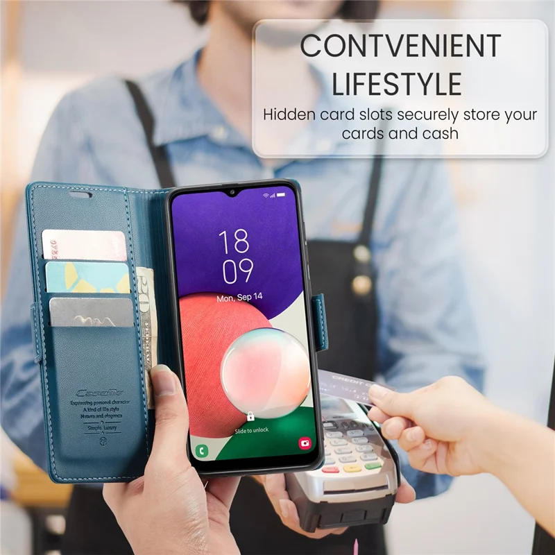 CASEME 023 Series For Samsung Galaxy A22 5G (EU Version) / F42 5G Wallet Case RFID Blocking Phone Cover - Blue