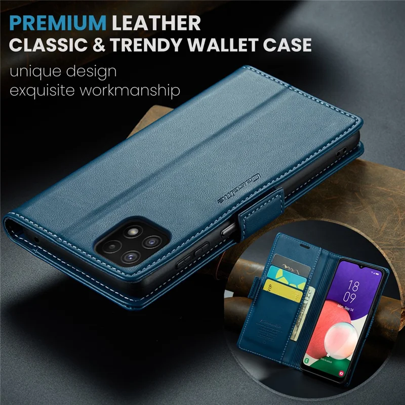 CASEME 023 Series For Samsung Galaxy A22 5G (EU Version) / F42 5G Wallet Case RFID Blocking Phone Cover - Blue