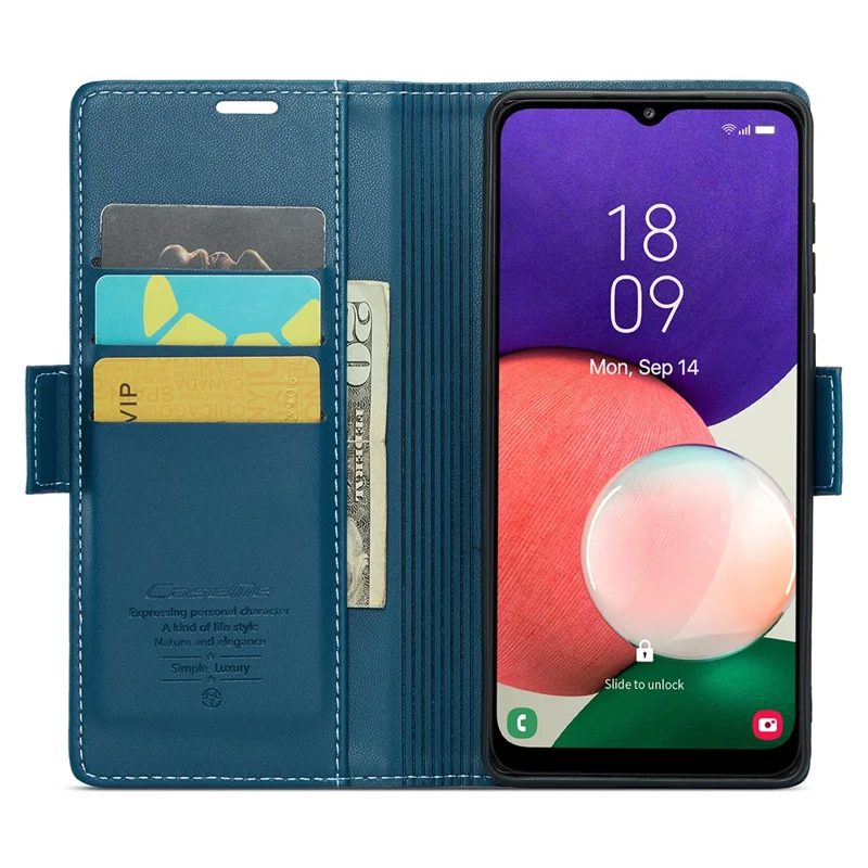 CASEME 023 Series For Samsung Galaxy A22 5G (EU Version) / F42 5G Wallet Case RFID Blocking Phone Cover - Blue