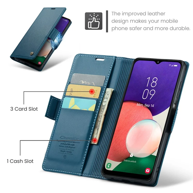CASEME 023 Series For Samsung Galaxy A22 5G (EU Version) / F42 5G Wallet Case RFID Blocking Phone Cover - Blue