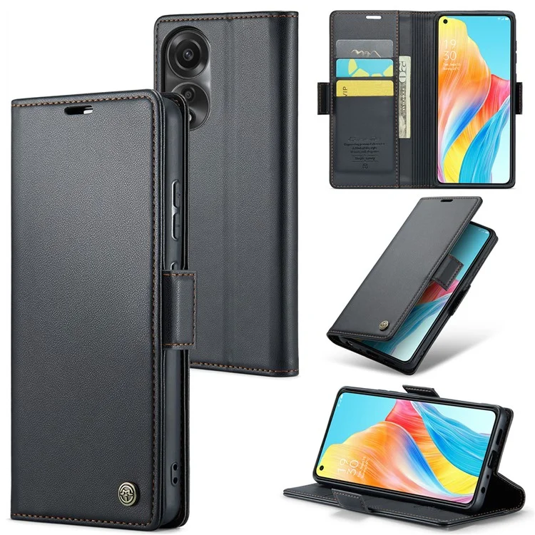 CASEME 023 Series Para Caso Oppo A78 4G RFID Blocking PU Couro Brilhante Carteira de Telefone Capa - Preto
