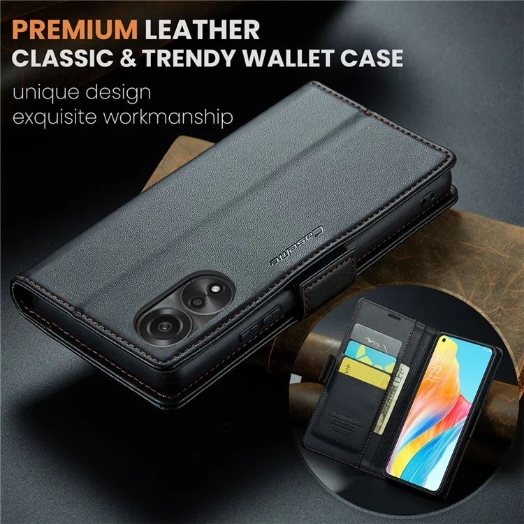 CASEME 023 Series Para Caso Oppo A78 4G RFID Blocking PU Couro Brilhante Carteira de Telefone Capa - Preto