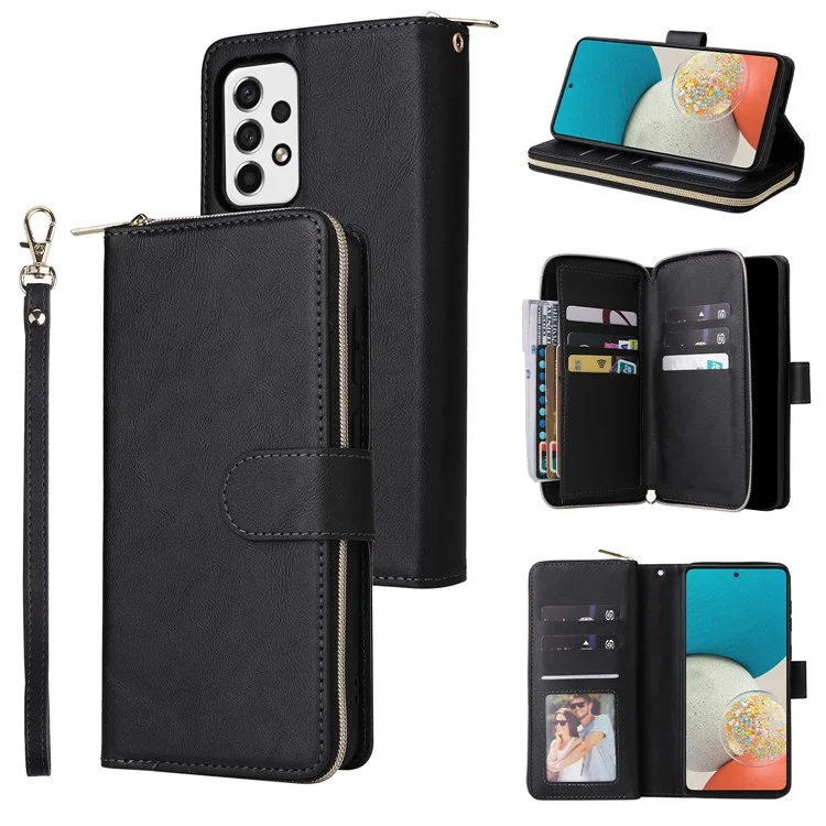 Per Samsung Galaxy A53 5G Case Card Slots Zipper Wallet Leather Phone Cover - Nero