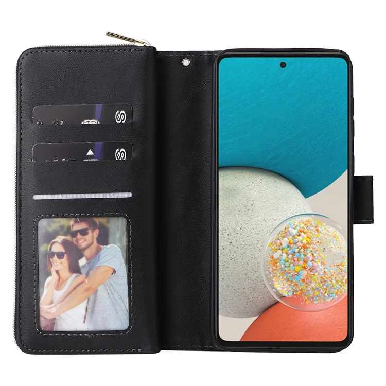 Per Samsung Galaxy A53 5G Case Card Slots Zipper Wallet Leather Phone Cover - Nero