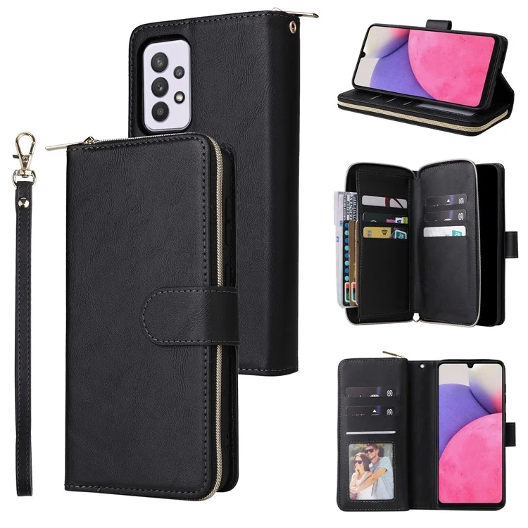 Para Samsung Galaxy A33 5G Zipper Wallet Case Card Slots Leather Phone Cover - Preto
