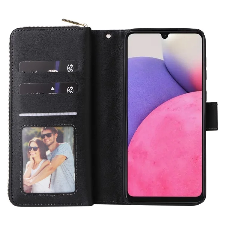 Para Samsung Galaxy A33 5G Zipper Wallet Case Card Slots Leather Phone Cover - Preto
