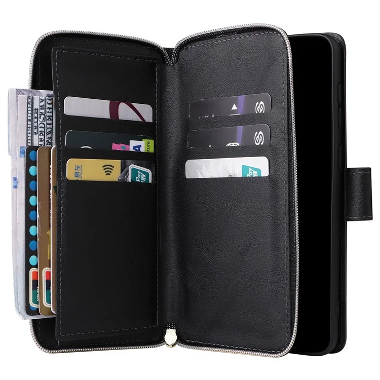 Para Samsung Galaxy A33 5G Zipper Wallet Case Card Slots Leather Phone Cover - Preto