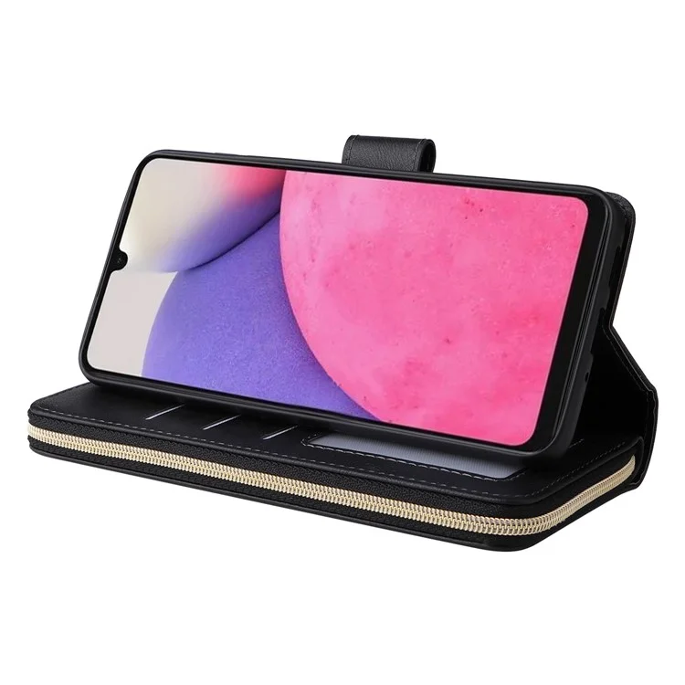 Para Samsung Galaxy A33 5G Zipper Wallet Case Card Slots Leather Phone Cover - Preto