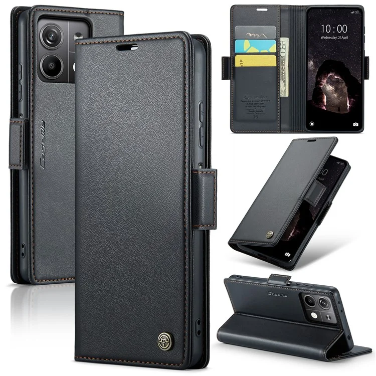CASEME 023 Series para Xiaomi Redmi Note 13 5G Capa de Couro Folio Capa de Telefone RFID Blocking - Preto