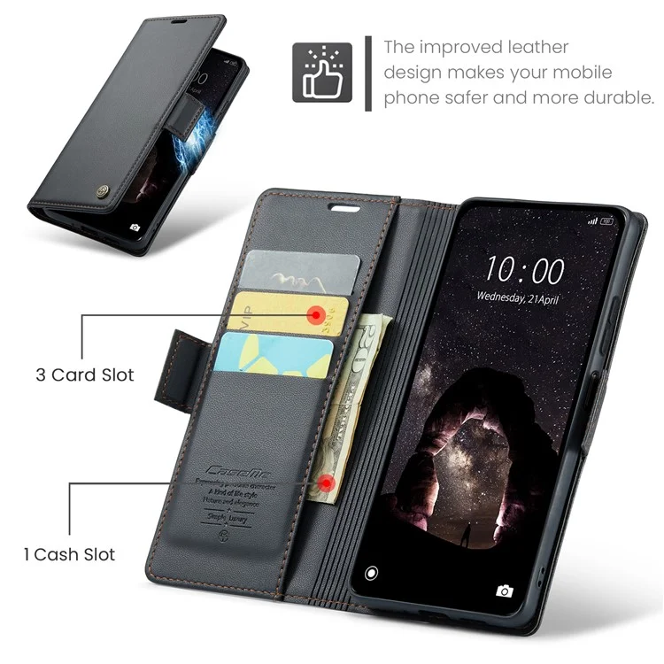 CASEME 023 Series para Xiaomi Redmi Note 13 5G Capa de Couro Folio Capa de Telefone RFID Blocking - Preto
