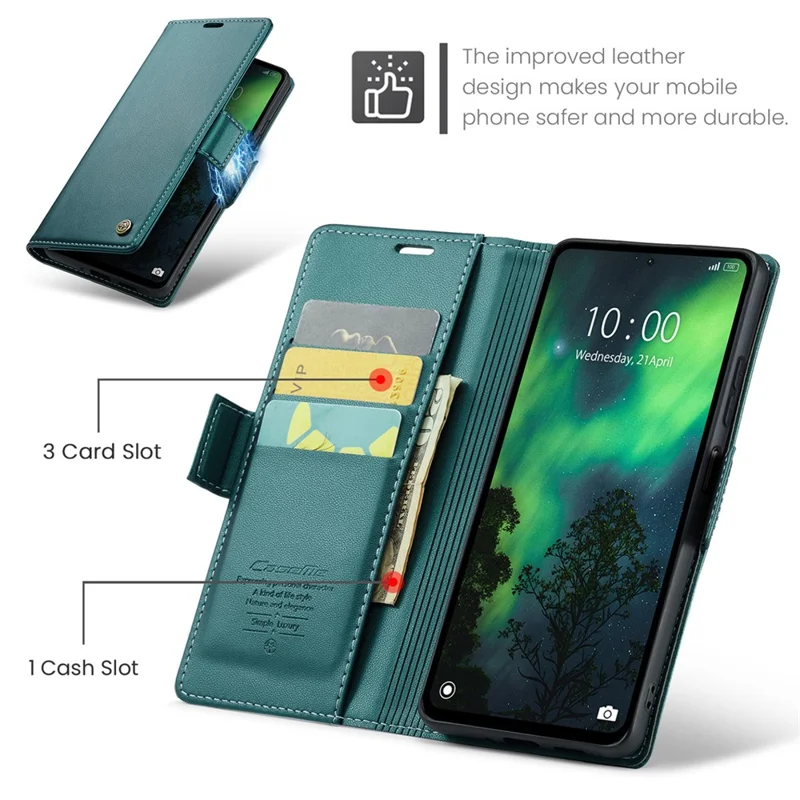 CASEME 023 Series For Xiaomi Redmi Note 13 5G Case Leather Folio Phone Cover RFID Blocking - Green