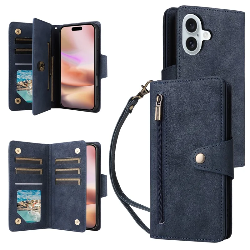 For iPhone 16 Plus Shockproof Case Rivet Decor PU Leather Zipper Wallet Phone Cover - Blue