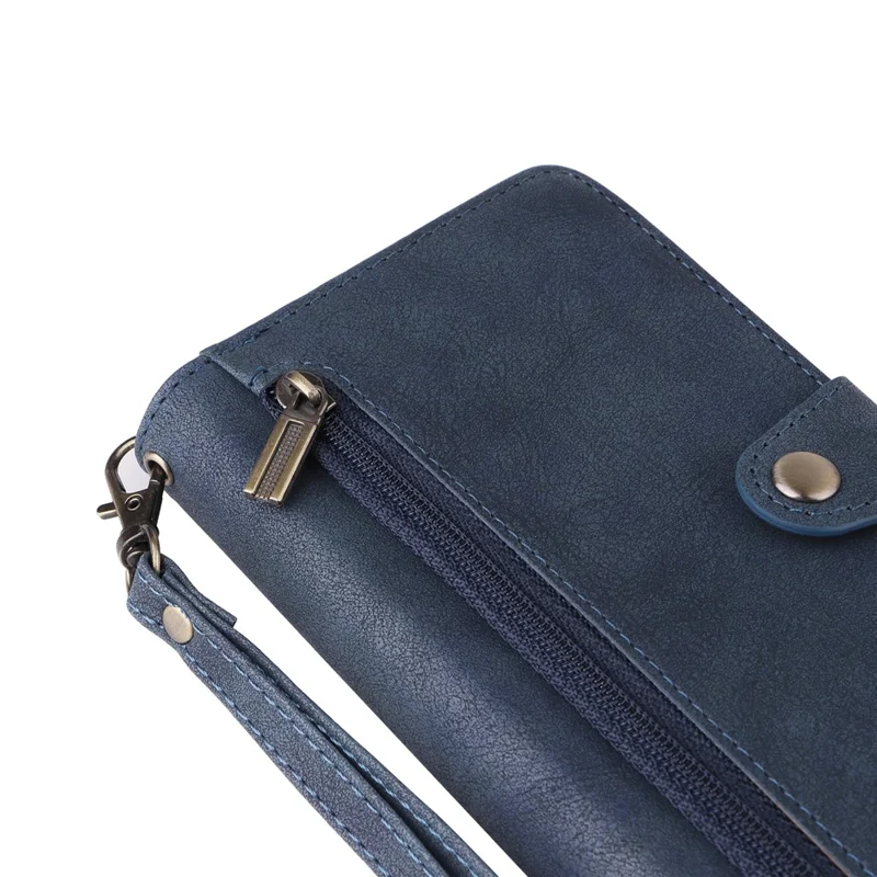 For iPhone 16 Plus Shockproof Case Rivet Decor PU Leather Zipper Wallet Phone Cover - Blue
