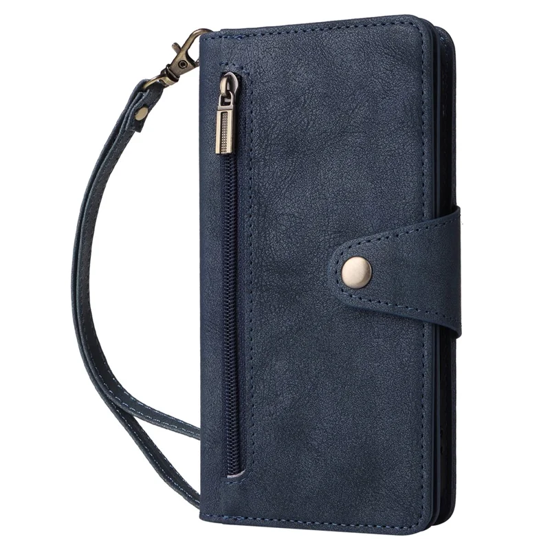 For iPhone 16 Plus Shockproof Case Rivet Decor PU Leather Zipper Wallet Phone Cover - Blue