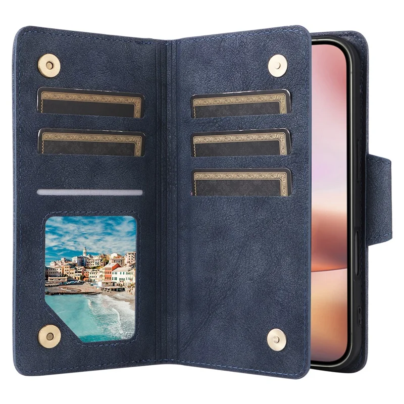 For iPhone 16 Plus Shockproof Case Rivet Decor PU Leather Zipper Wallet Phone Cover - Blue