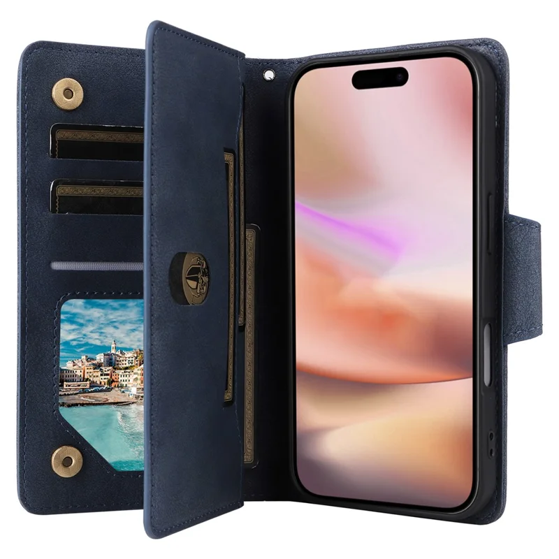 For iPhone 16 Plus Shockproof Case Rivet Decor PU Leather Zipper Wallet Phone Cover - Blue