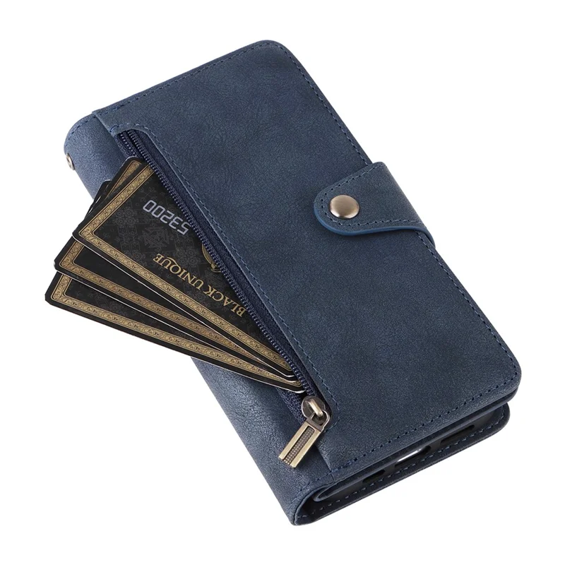 For iPhone 16 Plus Shockproof Case Rivet Decor PU Leather Zipper Wallet Phone Cover - Blue