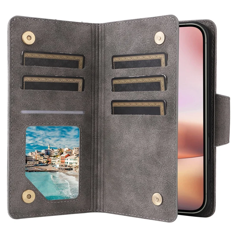 For iPhone 16 Case Zipper Wallet Leather Phone Cover with Rivet Decor - Grey