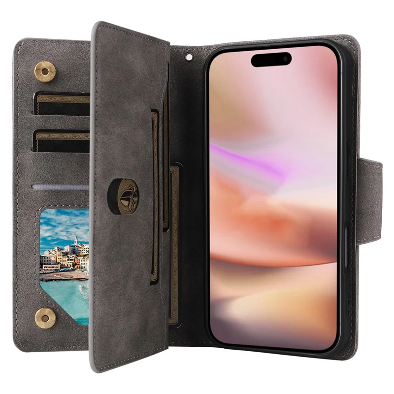 For iPhone 16 Case Zipper Wallet Leather Phone Cover with Rivet Decor - Grey