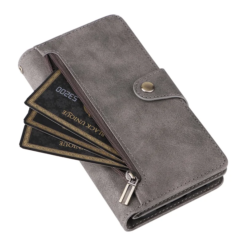 For iPhone 16 Case Zipper Wallet Leather Phone Cover with Rivet Decor - Grey