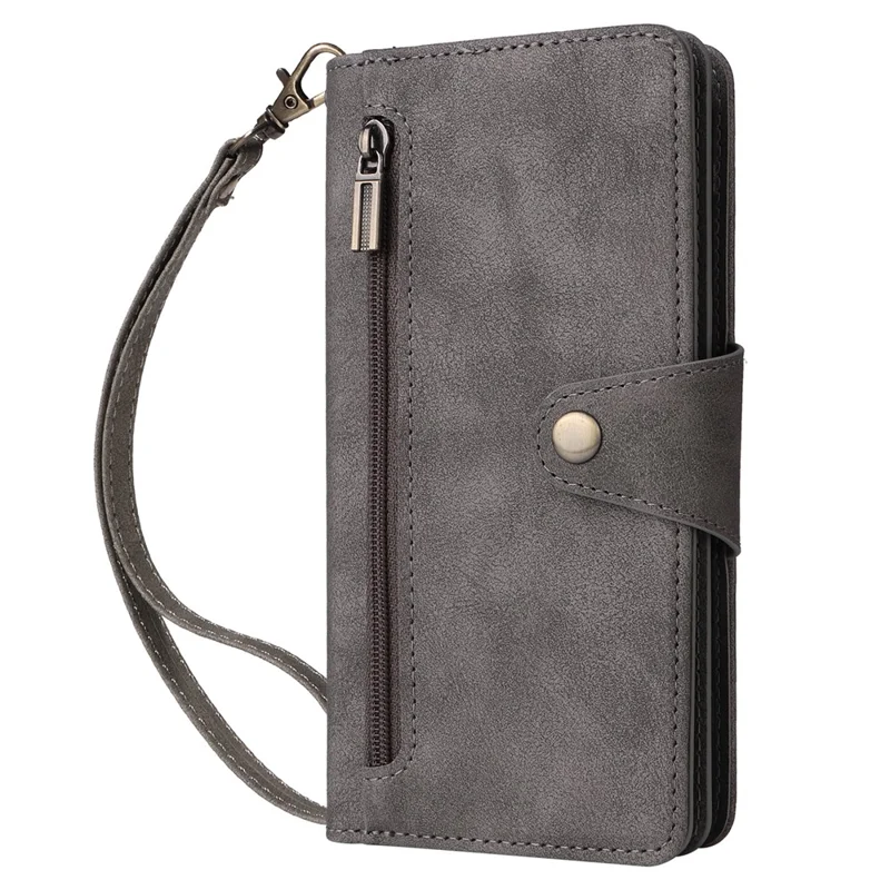 For iPhone 16 Case Zipper Wallet Leather Phone Cover with Rivet Decor - Grey