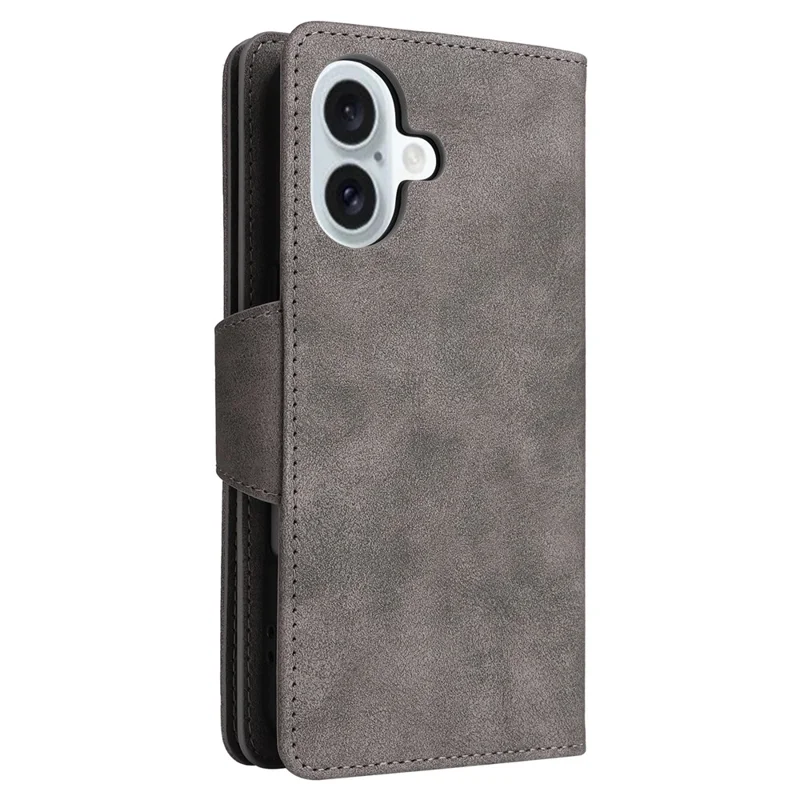For iPhone 16 Case Zipper Wallet Leather Phone Cover with Rivet Decor - Grey