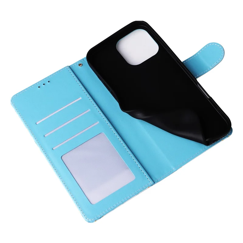 Pour iPhone 16 Pro Max Case Lacquered Marble Pattern Card Slots Wallet Leather Phone Cover - Blue