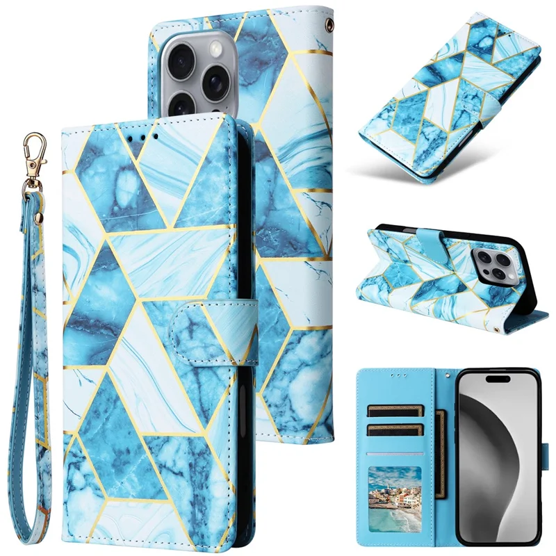 Pour iPhone 16 Pro Max Case Lacquered Marble Pattern Card Slots Wallet Leather Phone Cover - Blue
