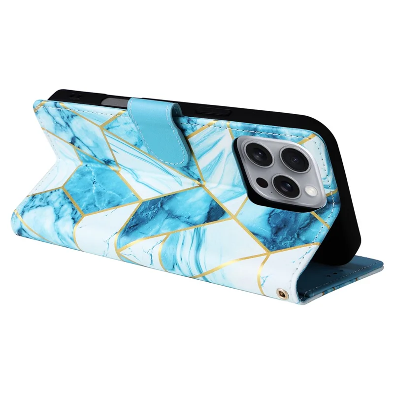 Pour iPhone 16 Pro Max Case Lacquered Marble Pattern Card Slots Wallet Leather Phone Cover - Blue