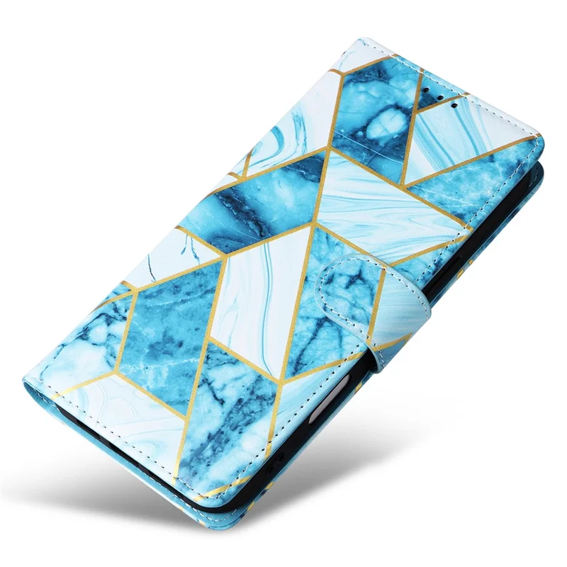 Pour iPhone 16 Pro Max Case Lacquered Marble Pattern Card Slots Wallet Leather Phone Cover - Blue