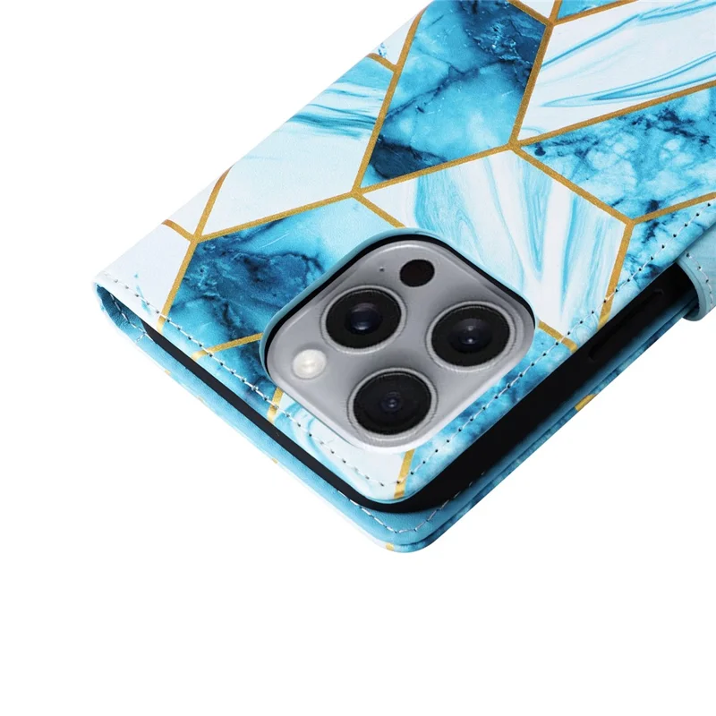 Pour iPhone 16 Pro Max Case Lacquered Marble Pattern Card Slots Wallet Leather Phone Cover - Blue