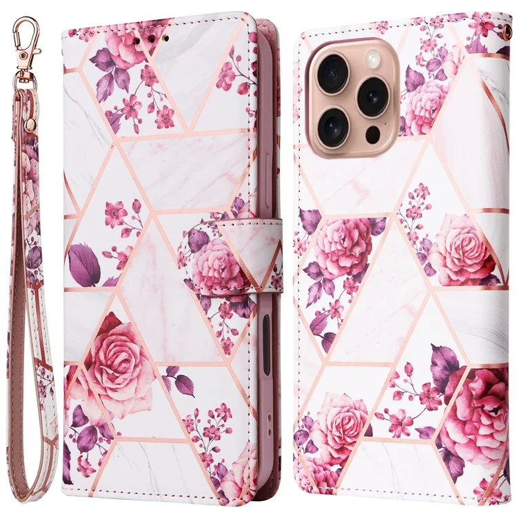 Per iPhone 16 Pro Case Lacquered Leather Phone Shell Marble Pattern Design - Rose Gold