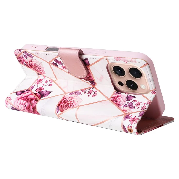 Per iPhone 16 Pro Case Lacquered Leather Phone Shell Marble Pattern Design - Rose Gold