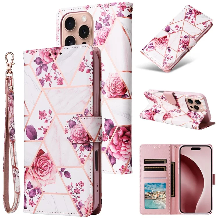 Per iPhone 16 Pro Case Lacquered Leather Phone Shell Marble Pattern Design - Rose Gold