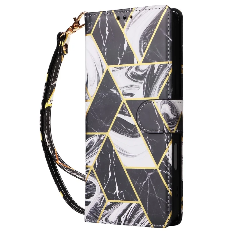 For iPhone 16 Pro Case Lacquered Leather Phone Shell Marble Pattern Design - Black