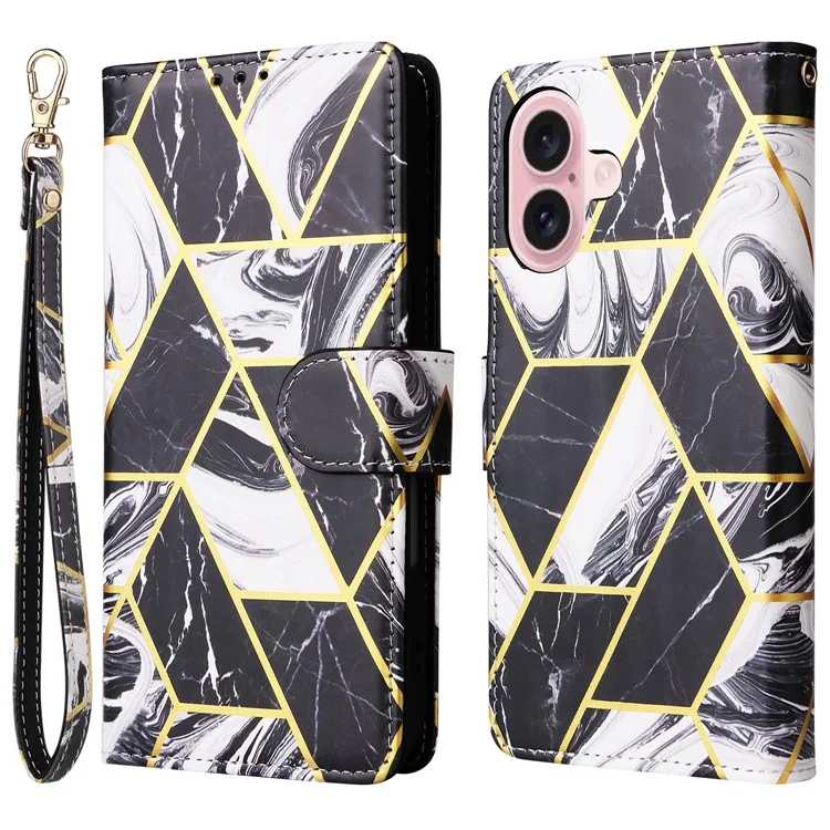 Für iPhone 16 Case Marmor Muster Drucken Leder Geldbörse Handyhülle - Schwarz