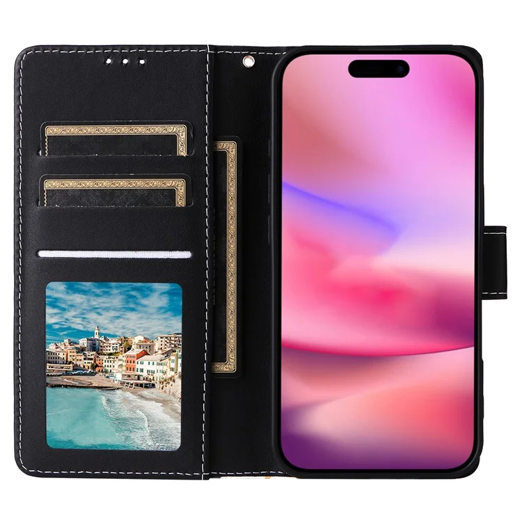 Für iPhone 16 Case Marmor Muster Drucken Leder Geldbörse Handyhülle - Schwarz