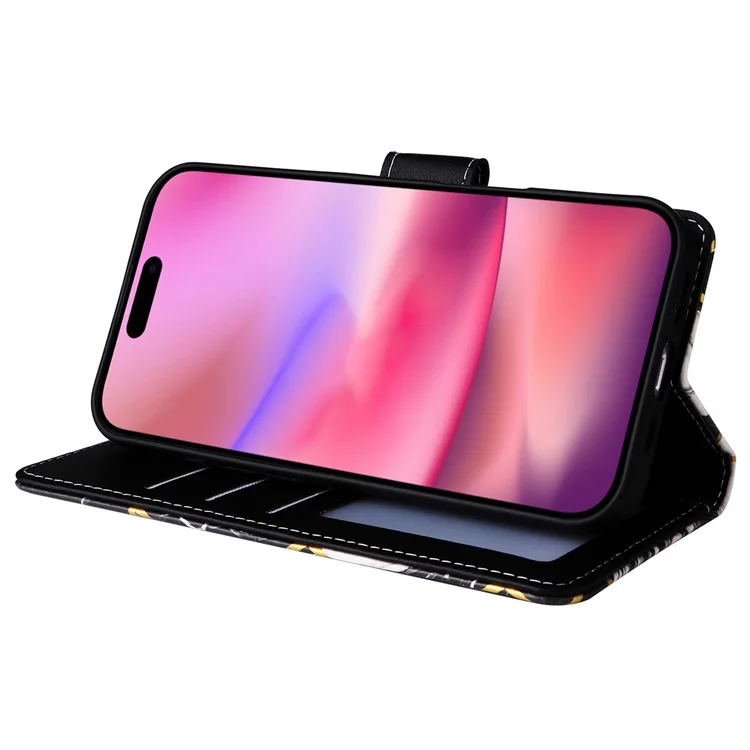 Für iPhone 16 Case Marmor Muster Drucken Leder Geldbörse Handyhülle - Schwarz