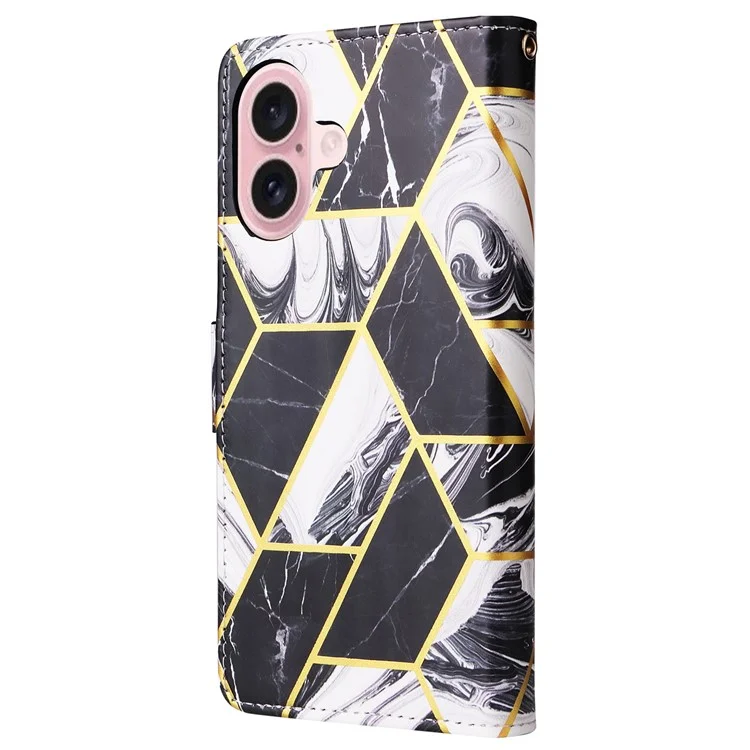 Für iPhone 16 Case Marmor Muster Drucken Leder Geldbörse Handyhülle - Schwarz