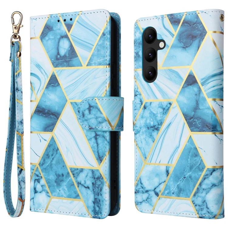 For Samsung Galaxy A24 4G (162.1 X 77.6 X 8.3mm) Case Marble Design Leather Flip Phone Cover - Blue