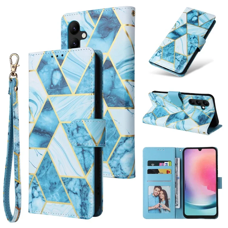 For Samsung Galaxy A24 4G (162.1 X 77.6 X 8.3mm) Case Marble Design Leather Flip Phone Cover - Blue