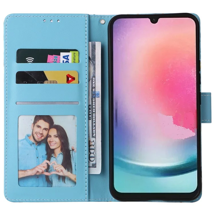 For Samsung Galaxy A24 4G (162.1 X 77.6 X 8.3mm) Case Marble Design Leather Flip Phone Cover - Blue