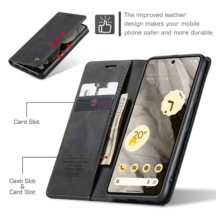 CASEME 013 Serie Für Google Pixel 7a Hülle Kartenhalter Ständer Ledertelefon Abdeckung - Schwarz