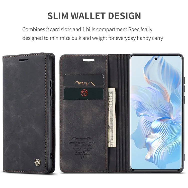 Funda CASEME 013 Series For Honor 80 5G Anticortes Soporte de cuero Funda de teléfono con ranura para tarjeta - Negro